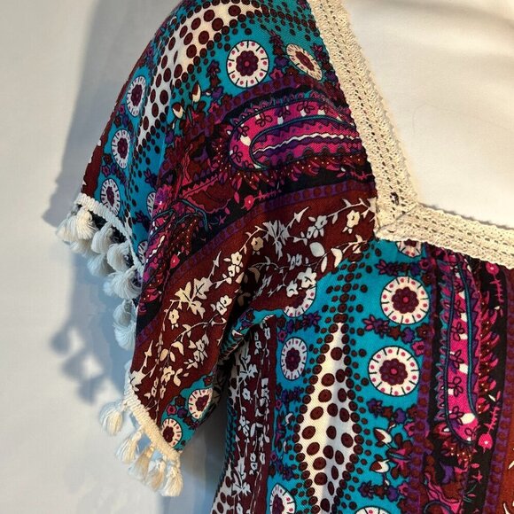 Umgee SZ M Wine & Aqua Print Peasant Mini Dress Cottage Boho French 70's - Picture 4 of 8